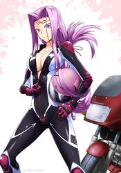  1girl biker_clothes bikesuit breasts facial_mark fate/stay_night fate_(series) folded_hair forehead_mark full-length_zipper ground_vehicle helmet highres large_breasts long_hair motor_vehicle motorcycle motorcycle_helmet partially_unzipped purple_hair racing_suit rider skin_tight solo takuteks very_long_hair zipper 