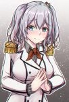  1girl blue_eyes breasts buttons epaulettes fingers_together gradient gradient_background grey_background jacket kantai_collection kashima_(kantai_collection) large_breasts long_hair long_sleeves looking_at_viewer military_jacket neckerchief red_neckwear shohei_(piranha5hk) sidelocks silver_hair solo twintails upper_body wavy_hair white_jacket 