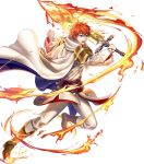  1boy alternate_costume belt blue_eyes boots cape circlet eliwood_(fire_emblem) feathers fire fire_emblem fire_emblem:_the_blazing_blade fire_emblem_heroes full_body highres official_art open_mouth redhead solo sword teeth transparent_background weapon 