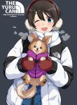  1girl :3 :p ;d animal bangs black_background blue_eyes blush brown_hair chikuwa_(yurucamp) clothes_writing coat commentary_request copyright_name earmuffs english_text eyebrows_visible_through_hair holding holding_animal holding_dog long_sleeves looking_at_viewer mirai_denki one_eye_closed open_clothes open_coat open_mouth red_mittens round_teeth saitou_ena short_hair simple_background smile teeth the_north_face tongue tongue_out upper_body upper_teeth white_coat yurucamp zipper 
