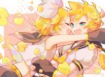  1boy 1girl aqua_neckwear arms_around_neck bangs bare_shoulders belt black_collar black_sleeves blonde_hair blue_eyes bow closed_eyes collar commentary crop_top detached_sleeves fang flower from_side grey_sleeves hair_bow hair_ornament hairclip half-closed_eyes headphones heart highres hug kagamine_len kagamine_rin light_blush looking_at_another nckkk necktie open_mouth sailor_collar school_uniform shirt short_hair short_ponytail short_sleeves sleeveless sleeveless_shirt smile speech_bubble spiky_hair spoken_heart swept_bangs upper_body vocaloid white_bow white_shirt yellow_neckwear 