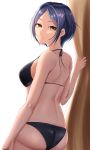  1girl ass bikini black_bikini black_hair cowboy_shot curtains from_behind hayami_kanade highres idolmaster idolmaster_cinderella_girls looking_at_viewer shogun_(a96040021) short_hair solo swimsuit translation_request yellow_eyes 