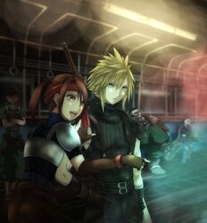  1girl 4boys armor black_shirt blonde_hair blue_eyes brown_eyes brown_gloves brown_hair buster_sword cloud_strife commentary_request final_fantasy final_fantasy_vii fingerless_gloves gloves headband jessie_rasberry multiple_boys nikuman_(samara) pauldrons red_headband ribbed_shirt shirt short_ponytail spiky_hair train_interior 