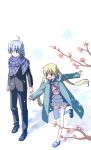  1boy 1girl ahoge ayasaki_hayate blonde_hair blue_hair blush coat commentary_request flower formal green_eyes hata_kenjirou hayate_no_gotoku! highres long_hair looking_at_another looking_at_viewer official_art open_mouth sanzen&#039;in_nagi scarf smile snowflakes snowing suit thigh-highs tree white_background zettai_ryouiki 