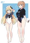  2girls absurdres adapted_costume barefoot beret blonde_hair blue_eyes breasts brown_hair hat highres intrepid_(kantai_collection) jervis_(kantai_collection) kantai_collection long_hair medium_breasts medium_hair multiple_girls noruren one-piece_swimsuit smile swimsuit very_long_hair 