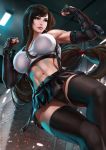  1girl abs arm_guards black_legwear black_panties blurry blurry_background brown_eyes clenched_hands dandon_fuga elbow_gloves final_fantasy final_fantasy_vii final_fantasy_vii_remake fingerless_gloves gloves highres long_hair looking_to_the_side low-tied_long_hair panties pleated_skirt serious skirt solo thigh-highs tifa_lockhart toned underwear 