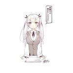  1girl character_request chinese_text closed_mouth ejami green_eyes greyscale hair_ornament long_hair looking_at_viewer monochrome school_uniform simple_background solo translation_request twintails white_background 