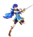  1boy alpha_transparency attack bike_shorts blue_eyes blue_hair boots brown_footwear cape closed_mouth determined fire_emblem fire_emblem:_mystery_of_the_emblem fire_emblem_heroes gem highres male_focus marth_(fire_emblem) official_art solo tiara transparent_background tunic wada_sachiko younger 