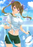  1girl absurdres amaimomo blue_sky blurry blurry_background breasts breasts_apart brown_hair closed_mouth clouds cowboy_shot day empty_pool floating_hair green_shorts gym_uniform hair_ribbon head_tilt highres holding hose large_breasts long_hair looking_at_viewer midriff navel original outdoors purple_ribbon ribbon shiny shiny_hair shirt short_shorts short_sleeves shorts sky smile solo standing stomach summer tied_shirt twintails violet_eyes wet wet_clothes wet_shirt white_shirt 