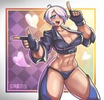  1girl absurdres angel_(kof) blue_eyes breasts fingerless_gloves gloves heart highres large_breasts one_eye_covered sagas293 short_hair solo the_king_of_fighters upper_body white_background white_hair 