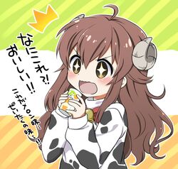  1girl ahoge animal_costume animal_ears animal_hood animal_print bangs brown_eyes brown_hair can cow_costume cow_ears cow_hood cow_print demon_girl demon_horns eyebrows_visible_through_hair hood horns long_hair machikado_mazoku open_mouth solo translation_request uitchu yoshida_yuuko_(machikado_mazoku) 