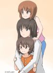  3girls absurdres bangs black_eyes black_hair blue_shorts blunt_bangs brown_eyes brown_hair carrying closed_mouth commentary eyebrows_visible_through_hair family frown girls_und_panzer gradient gradient_background highres hug hug_from_behind long_hair long_sleeves looking_to_the_side mother_and_daughter multiple_girls nishizumi_maho nishizumi_miho nishizumi_shiho omachi_(slabco) orange_background orange_shirt piggyback pink_shirt shirt short_hair shorts siblings sisters smile standing tank_top twitter_username white_shirt 