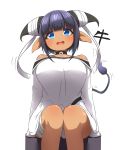  1girl :d absurdres arm_support bandaged_leg bandages bangs black_choker blue_eyes blunt_bangs blush breasts choker commentary_request cow_horns cow_tail dark_skin dress eyebrows_visible_through_hair highres horns idaten93 large_breasts open_mouth original personification pointy_ears purple_hair round_teeth sidelocks simple_background sitting smile solo tail teeth upper_teeth white_background white_dress 