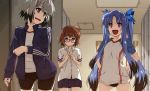  3girls :d bangs bike_shorts black_buruma black_shorts black_skirt blue_eyes blue_hair blue_jacket blue_ribbon brown_hair buruma closed_mouth commentary dearche_kings_claudia dress_shirt eyebrows_visible_through_hair frown glasses green_eyes grey_hair gym_shirt hair_ribbon hands_on_hips highres indoors jacket levi_russel locker locker_room long_hair long_sleeves looking_at_another looking_back lyrical_nanoha mahou_shoujo_lyrical_nanoha_innocent miniskirt multiple_girls open_clothes open_jacket open_mouth parted_bangs pleated_skirt raglan_sleeves red-framed_eyewear ribbon shikei shirt short_hair short_sleeves shorts skirt smile standing stern_starks track_jacket triple_vertical_stripe twintails undressing untucked_shirt violet_eyes white_shirt wing_collar 