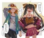  2girls backwards_hat bangs baseball_cap black_hair commentary_request crop_top eyebrows_visible_through_hair hat highres idolmaster idolmaster_cinderella_girls jacket jewelry long_hair looking_at_viewer matoba_risa midriff multiple_girls navel necklace nekopuchi orange_hair shorts skirt smile translation_request two_side_up yellow_eyes yuuki_haru 