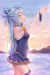  1girl aqua_(konosuba) armpits arms_up backlighting blue_hair blue_skirt blue_vest blush breasts closed_eyes clouds detached_sleeves from_side gradient_sky hair_rings kono_subarashii_sekai_ni_shukufuku_wo! lake layered_skirt long_hair long_sleeves medium_breasts miniskirt mountainous_horizon muwa12 outdoors own_hands_together parted_lips profile see-through sideboob skirt sky solo thigh-highs very_long_hair vest water wet white_legwear zettai_ryouiki 