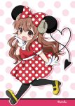 1girl ahoge animal_ears artist_name bow brown_hair cosplay demon_girl demon_horns demon_tail eyebrows_visible_through_hair gloves hair_bow heart_tail horns long_hair machikado_mazoku minnie_mouse minnie_mouse_(cosplay) mouse_ears open_mouth pantyhose polka_dot polka_dot_background polka_dot_bow smile solo tail twitter_username uitchu yoshida_yuuko_(machikado_mazoku)