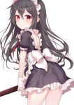  1girl absurdres apron bangs black_dress black_hair blush commentary dress eyebrows_visible_through_hair frills from_behind frown gloves hair_between_eyes highres holding long_hair looking_at_viewer maid maid_apron maid_dress maid_headdress nao_(okt8538) original red_eyes short_sleeves white_apron white_gloves 