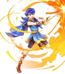  1boy alpha_transparency attack bike_shorts blue_eyes blue_hair boots brown_footwear cape determined fire fire_emblem fire_emblem:_mystery_of_the_emblem fire_emblem_heroes gem highres male_focus marth_(fire_emblem) official_art open_mouth solo tiara transparent_background tunic wada_sachiko younger 