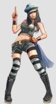  1girl bike_shorts black_footwear blue_headwear boots cabbie_hat cross-laced_footwear denim final_fantasy final_fantasy_vii final_fantasy_vii_remake gauss_&lt;counting_on_more_blur gloves hat highres kyrie_canaan looking_at_viewer navel one_eye_closed short_shorts shorts shorts_under_shorts sleeveless smile solo stomach striped striped_legwear thigh-highs 