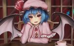  2girls arm_up ascot bat_wings blouse blue_hair brooch capelet chair cup elbows_on_table eyebrows_visible_through_hair fangs flandre_scarlet hair_between_eyes hand_on_own_chin hat hat_ribbon head_tilt indoors jewelry long_sleeves looking_at_viewer luke_(kyeftss) mob_cap multiple_girls open_mouth out_of_frame parted_lips pink_blouse pink_capelet pink_headwear red_eyes red_neckwear remilia_scarlet ribbon ruby_(gemstone) saucer short_hair sitting sleeves_past_wrists slit_pupils solo_focus table teacup touhou window wings 