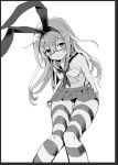  1girl bangs blush border breasts caburi cosplay eyebrows_visible_through_hair glasses greyscale hair_between_eyes hairband highleg highleg_panties highres kantai_collection long_hair miniskirt mochizuki_(kantai_collection) monochrome panties sailor_collar shimakaze_(kantai_collection) shimakaze_(kantai_collection)_(cosplay) simple_background skirt small_breasts solo striped striped_legwear sweat thigh-highs underwear 