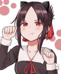  1girl animal_ears arm_up black_hair blush cat_ears closed_mouth collarbone eyebrows_visible_through_hair highres kaguya-sama_wa_kokurasetai_~tensai-tachi_no_renai_zunousen~ long_sleeves looking_at_viewer natsunoiroha paw_pose pout pouty_lips red_eyes shinomiya_kaguya short_hair solo upper_body 