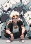  1boy absurdres black_pants bracelet golisopod guzma_(pokemon) highres jewelry katsu_(katsupainter) looking_at_viewer male_focus necklace pants pokemon pokemon_(creature) pokemon_(game) pokemon_sm shirt shoes short_hair short_sleeves smile solo squatting sunglasses tattoo team_skull watch watch white_footwear white_hair white_shirt 