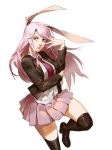  1girl animal_ears black_jacket brown_footwear brown_legwear closed_mouth collared_shirt hand_up highres jacket jojo_pose kneehighs loafers long_sleeves looking_at_viewer necktie open_clothes open_jacket parted_lips pink_hair pink_skirt pleated_skirt pose rabbit_ears red_eyes red_neckwear reisen_udongein_inaba ruukii_drift shirt shoes simple_background skirt solo standing standing_on_one_leg touhou white_background wing_collar 