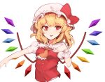  1girl :d ascot blonde_hair bow eyebrows_visible_through_hair fang flandre_scarlet hand_up hat hat_bow hona_(pixiv7939518) looking_at_viewer open_mouth orange_neckwear pillow_hat puffy_short_sleeves puffy_sleeves rainbow_order red_bow red_eyes red_vest short_sleeves simple_background smile solo touhou upper_body vest white_background wings 