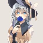 1girl absurdres bangs black_headwear blouse blue_eyes blue_flower blue_rose blush bow breasts collarbone covering_mouth crying crying_with_eyes_open eyebrows_visible_through_hair flower frilled_shirt_collar frills gominami grey_background grey_hair hair_between_eyes hat hat_bow highres holding holding_flower komeiji_koishi long_sleeves looking_at_viewer medium_breasts medium_hair rose simple_background solo tears touhou upper_body wide_sleeves yellow_blouse yellow_bow 
