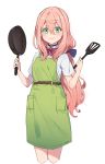  1girl absurdres apron blue_bow blush bow closed_mouth eyebrows_visible_through_hair frying_pan green_apron green_eyes hair_between_eyes hair_bow highres holding_frying_pan holding_spatula long_hair looking_at_viewer nippon_ichi_no_koukousei_majutsushi_isekai_dorei_shoujo_wo_morau nyum pink_hair smile solo spatula very_long_hair 