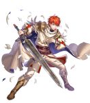  1boy alternate_costume belt blue_eyes boots cape eliwood_(fire_emblem) feathers fire_emblem fire_emblem:_the_blazing_blade fire_emblem_heroes full_body highres injury official_art redhead solo sword teeth torn_clothes transparent_background weapon 