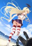  1girl :&lt; anchor ass bare_shoulders beach black_hairband black_panties blonde_hair blue_sailor_collar blue_sky chain clouds commentary_request day elbow_gloves fisheye from_behind gloves hairband highres horizon kantai_collection leg_up long_hair looking_at_viewer looking_back miniskirt ocean outdoors panties pantyshot pleated_skirt purple_skirt red_eyes running sailor_collar shimakaze_(kantai_collection) shirt skirt sky soles solo striped striped_legwear suwakana thigh-highs underwear upskirt very_long_hair water white_gloves white_shirt 