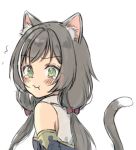  1girl :t animal_ears bad_id bad_twitter_id bangs black_hair black_sleeves blush bow breasts cat_ears cat_girl cat_tail closed_mouth collared_shirt detached_sleeves eyebrows_visible_through_hair green_eyes hair_bow kyaru_(princess_connect) long_hair looking_at_viewer looking_back low_twintails midorikawa_you princess_connect! princess_connect!_re:dive purple_bow shirt simple_background sleeveless sleeveless_shirt small_breasts solo tail tail_raised tears twintails upper_body wavy_mouth white_background white_shirt 
