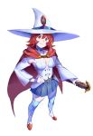  1girl blue_legwear blue_skirt breasts bright_pupils cape choker closed_mouth detached_sleeves full_body hand_on_hip hat highres holding little_witch_academia long_sleeves looking_at_viewer pleated_skirt red_cape red_eyes redhead ruukii_drift shiny_chariot simple_background skirt smile solo standing thigh-highs vest wand white_background white_headwear witch_hat 