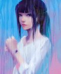  1girl absurdres bangs black_eyes black_hair blue_background blunt_bangs highres holding long_hair looking_at_viewer original parted_lips pink_lips ponytail shirt solo upper_body wataboku watch watch water water_drop wet white_shirt 