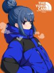  1girl bangs blue_coat blue_hair blush closed_mouth clothes_writing coat commentary_request copyright_name drawstring english_text eyebrows_visible_through_hair from_side hair_bun hands_in_pockets hood hood_down hooded_coat long_hair long_sleeves looking_at_viewer looking_to_the_side mirai_denki orange_background shima_rin short_hair sidelocks simple_background solo upper_body violet_eyes yurucamp 