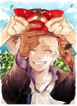  1boy ^_^ ascot blonde_hair blue_sky brown_gloves brown_headwear clenched_teeth closed_eyes clouds clover collar cup eyebrows_visible_through_hair gloves hand_on_headwear hands hat holding holding_cup leaf leaves_in_wind long_sleeves male_focus meiji_(pecosyr5) monkey_d_luffy one_piece outdoors portgas_d_ace sabo_(one_piece) sakazuki scar short_hair sky smile solo teeth upper_body white_neckwear 