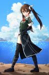  1girl asymmetrical_legwear black_legwear blue_sky brown_eyes brown_hair clouds day elbow_gloves full_body gloves hair_between_eyes hair_ribbon highres kantai_collection katsuobushi_(eba_games) long_hair looking_at_viewer military military_uniform ocean outdoors pelvic_curtain remodel_(kantai_collection) ribbon single_elbow_glove single_thighhigh sky solo standing thigh-highs tone_(kantai_collection) twintails uniform white_ribbon 