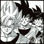 3boys age_progression arms_at_sides backlighting bangs black_border black_eyes black_hair border child close-up closed_mouth clothes_writing collarbone dot_nose dougi dragon_ball dragon_ball_(classic) dragon_ball_z face frown greyscale grin happy height_difference highres looking_at_viewer male_focus monochrome multiple_boys multiple_persona muscle official_art outline pectorals shaded_face simple_background smile son_gokuu spiky_hair super_saiyan toriyama_akira upper_body v-shaped_eyebrows white_background white_outline 