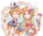  1boy 1girl animal_ears basket blonde_hair blue_eyes closed_mouth commentary dress_flower easter easter_egg egg flower green_jacket hair_flower hair_ornament hand_up hat headphones headset holding_egg jacket kagamine_len kagamine_rin looking_at_viewer one_eye_closed open_mouth rabbit_ears ribbon shirt short_hair short_ponytail smile top_hat treble_clef utaori vest vocaloid white_shirt 