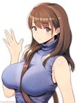  1girl absurdres anegasaki_nene bag bangs between_breasts blue_sweater blush breasts brown_hair closed_mouth commentary_request eyebrows_visible_through_hair hand_up highres large_breasts long_hair looking_at_viewer love_plus masaoka_misaki mole mole_under_eye shoulder_bag sleeveless sleeveless_turtleneck smile solo strap_between_breasts sweater turtleneck turtleneck_sweater twitter_username upper_body violet_eyes waving 