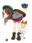  1girl absurdres ankle_boots backpack bag boots brown_eyes brown_footwear brown_hair buttons cardigan cross-laced_footwear dress full_body gen_8_pokemon ginji74 green_headwear green_legwear grey_cardigan hat highres lace-up_boots legs_apart long_sleeves pink_dress pokemon pokemon_(creature) pokemon_(game) pokemon_swsh pom_pom_(clothes) rookidee scorbunny short_dress short_hair simple_background sleeves_past_wrists socks standing tam_o&#039;_shanter white_background yuuri_(pokemon) 