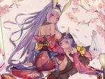  2girls absurdres animal_ears ass back bangs bare_shoulders black_legwear blush braid breasts cherry_blossoms dark_skin dual_persona earrings egyptian facepaint facial_mark fate/grand_order fate_(series) floral_print french_braid hair_tubes headband high_ponytail highres hoop_earrings jackal_ears japanese_clothes jewelry kimono large_breasts long_hair long_sleeves looking_at_viewer looking_back multiple_girls nitocris_(fate/grand_order) obi off_shoulder open_mouth purple_hair purple_kimono sash sherryqq sidelocks thigh-highs thighs violet_eyes white_legwear wide_sleeves younger 