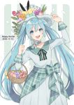  1girl 2020 absurdres animal_ears aqua_eyes aqua_hair basket blue_dress bow bowtie commentary cowboy_shot dress dress_bow easter easter_egg egg flower hand_on_headwear hand_up happy_easter hat hat_flower hatsune_miku highres holding holding_basket light_blush long_hair looking_at_viewer neck_ribbon open_mouth petals plaid plaid_bow polka_dot rabbit_ears ribbon sena_(illust-cat-love) smile solo striped striped_background symbol_commentary tulip twintails very_long_hair vocaloid 