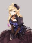  1boy blonde_hair bow braid brooch cloud_strife crossdressinging eyebrows_visible_through_hair eyelashes final_fantasy final_fantasy_vii final_fantasy_vii_remake frilled_sleeves frills grey_background hair_bow highres jewelry looking_at_viewer necklace sakimiya297 solo spiky_hair twin_braids 