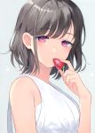  1girl absurdres achiki bangs brown_hair food fruit highres holding holding_food holding_fruit looking_at_viewer mole mole_under_eye original red_eyes shiny shiny_hair short_hair simple_background sleeveless solo strawberry upper_body white_background 