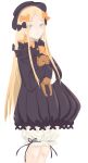  1girl abigail_williams_(fate/grand_order) artist_request bangs black_bow black_dress black_headwear blonde_hair blue_eyes bow breasts closed_mouth dress fate/grand_order fate_(series) forehead hair_bow hat highres long_hair looking_at_viewer multiple_bows orange_bow parted_bangs ribbed_dress simple_background sleeves_past_fingers sleeves_past_wrists small_breasts solo stuffed_animal stuffed_toy teddy_bear white_background white_bloomers 