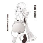  1girl ashe_(league_of_legends) ass breasts chinese_text closed_mouth ejami greyscale league_of_legends long_hair looking_at_viewer monochrome sideboob simple_background solo translation_request white_background 